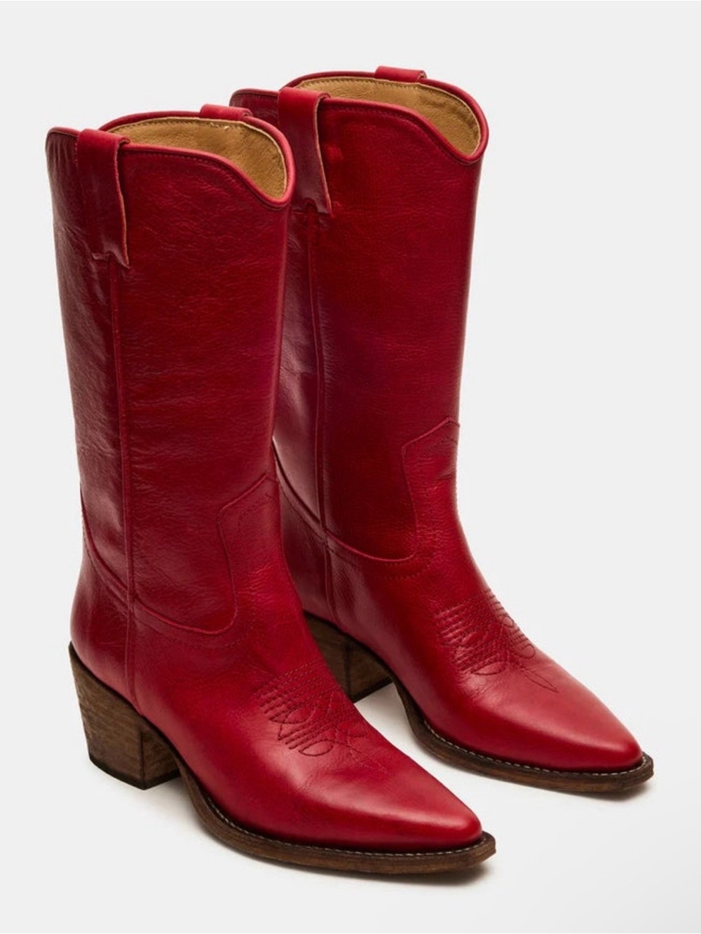 Steve Madden Vintage Red Leather Pointed Toe Western Booties - Picture 2 of 7